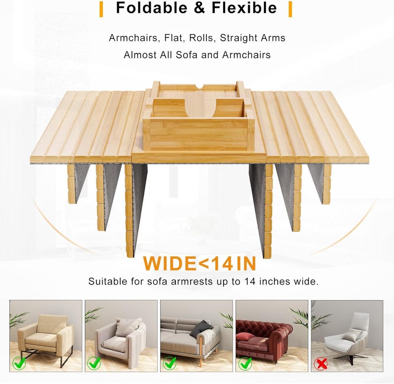 Bestjing Bamboo Sofa Armrest Tray - Couch Arm Tray with Detachable Couch Cup Holder - 2 in 1 Anti-Slip Foldable Sofa Armchair Caddy Table for Drinks Cellphone TV Remote Snacks - Image 4